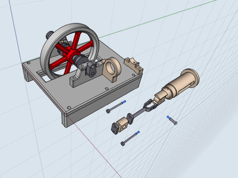 Leidbaan, kruisstuk, drijfstang, krukaslager geïmporteerd in stoommachine hoofdtekening. Schroeven voor krukaslager te lang, moeten opnieuw getekend worden. Leidbaan, kruisstuk, drijfstang, krukaslager geïmporteerd in stoommachine hoofdtekening. Schroeven voor krukaslager te lang, moeten opnieuw getekend worden.